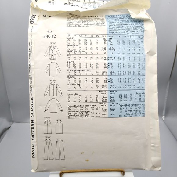 UNCUT Vintage Sewing PATTERN Vogue 0995, Misses 1985 Jacket Skirt Pants Blouse - Picture 2 of 2